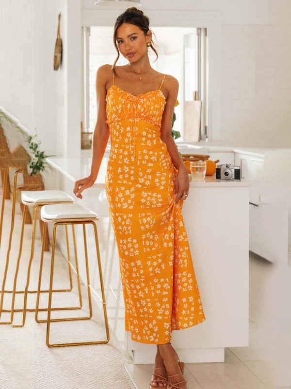 sexy slim-fit suspender V-neck printed backless long dress