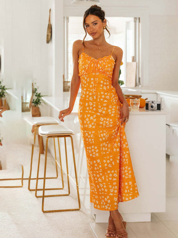 sexy slim-fit suspender V-neck printed backless long dress