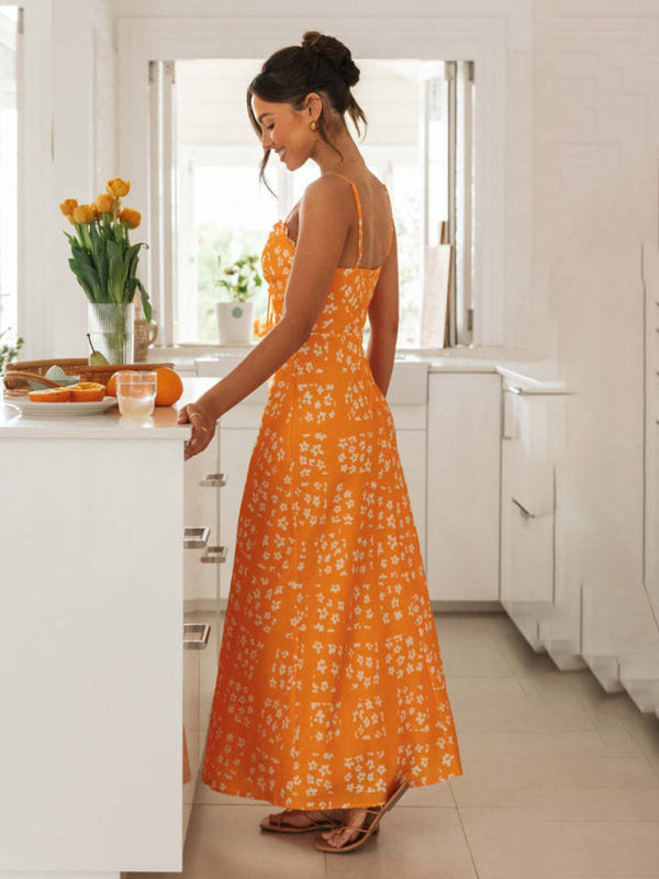 sexy slim-fit suspender V-neck printed backless long dress