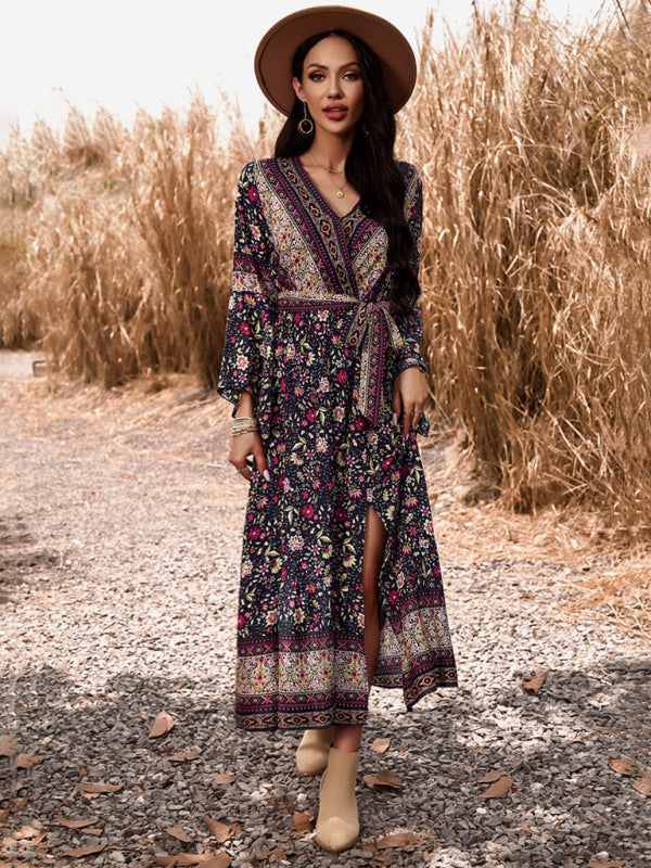 Elegant casual printed V-neck A-line dress