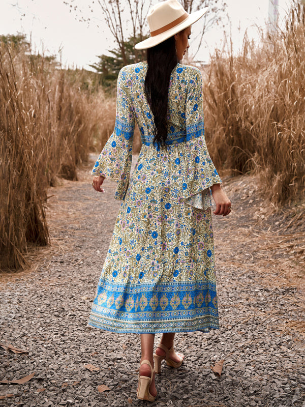 Elegant casual printed V-neck A-line dress