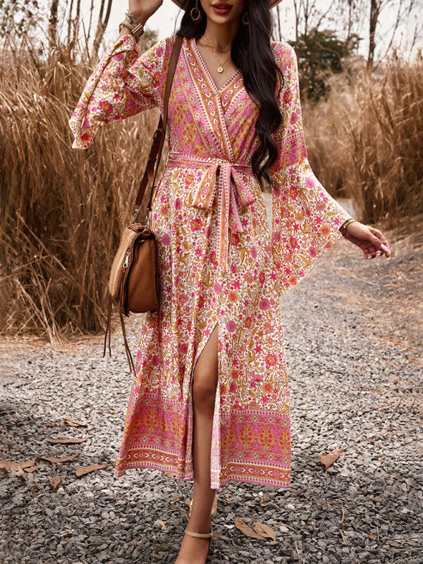 Elegant casual printed V-neck A-line dress