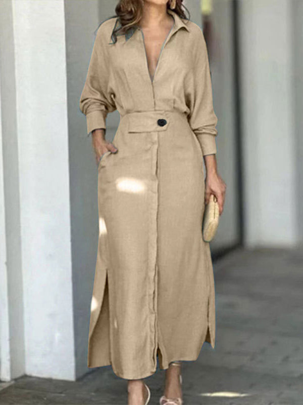 temperament commuting lace-up solid color waist long-sleeved irregular shirt dress