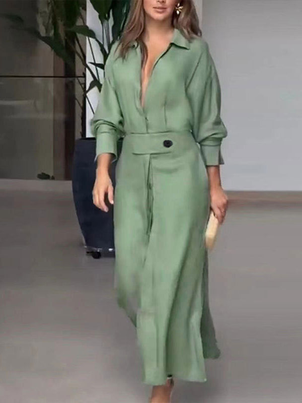 temperament commuting lace-up solid color waist long-sleeved irregular shirt dress