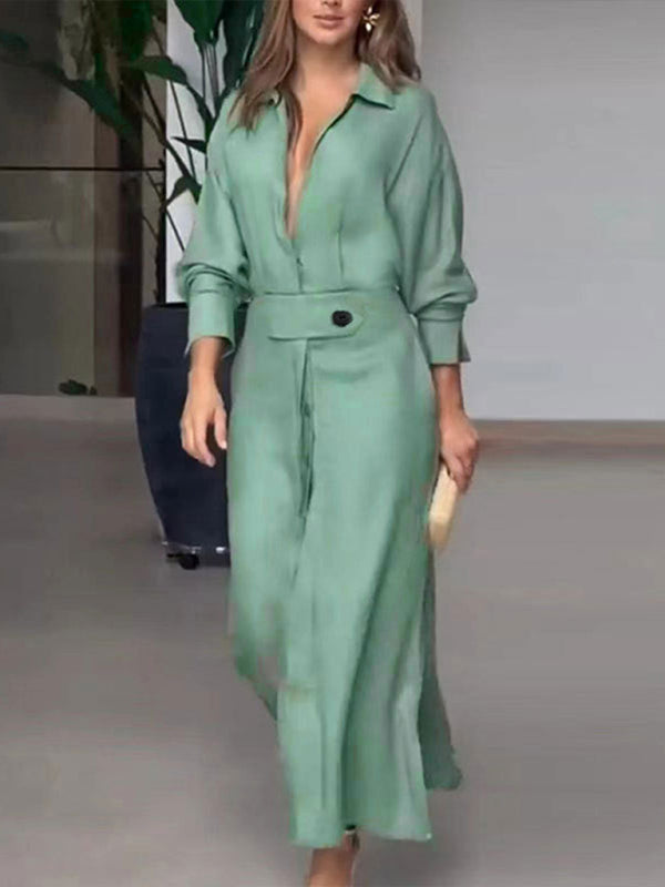 temperament commuting lace-up solid color waist long-sleeved irregular shirt dress