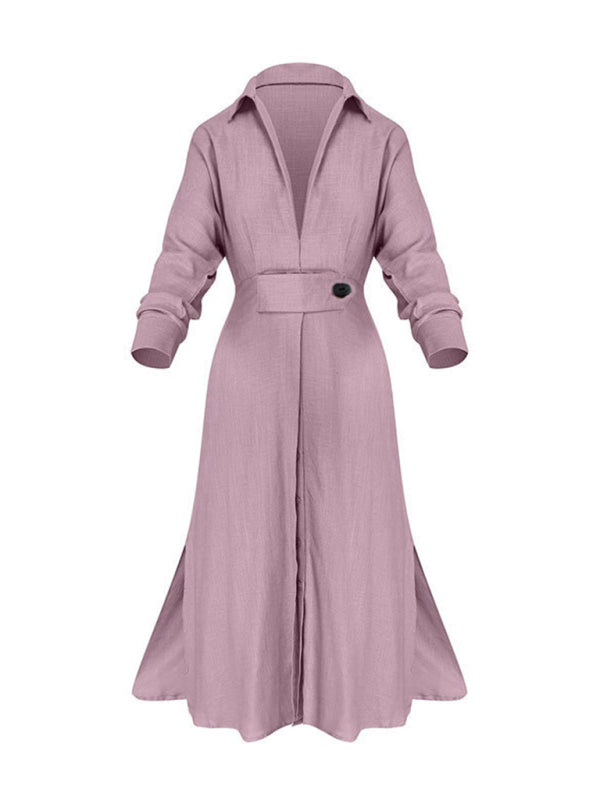 temperament commuting lace-up solid color waist long-sleeved irregular shirt dress