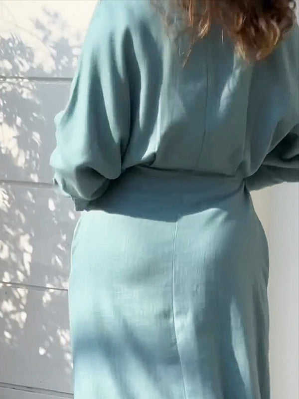 temperament commuting lace-up solid color waist long-sleeved irregular shirt dress