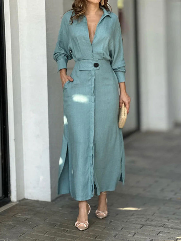 temperament commuting lace-up solid color waist long-sleeved irregular shirt dress