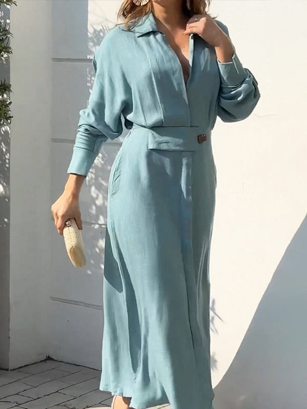 temperament commuting lace-up solid color waist long-sleeved irregular shirt dress