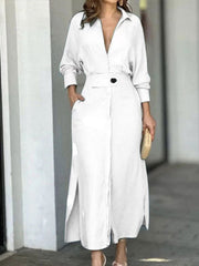 temperament commuting lace-up solid color waist long-sleeved irregular shirt dress