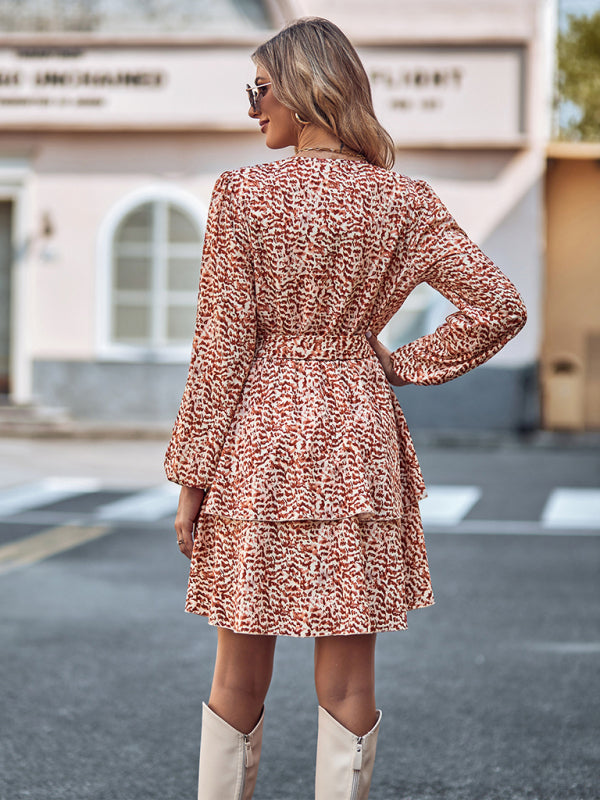Printed V-neck tie waist long-sleeved dress