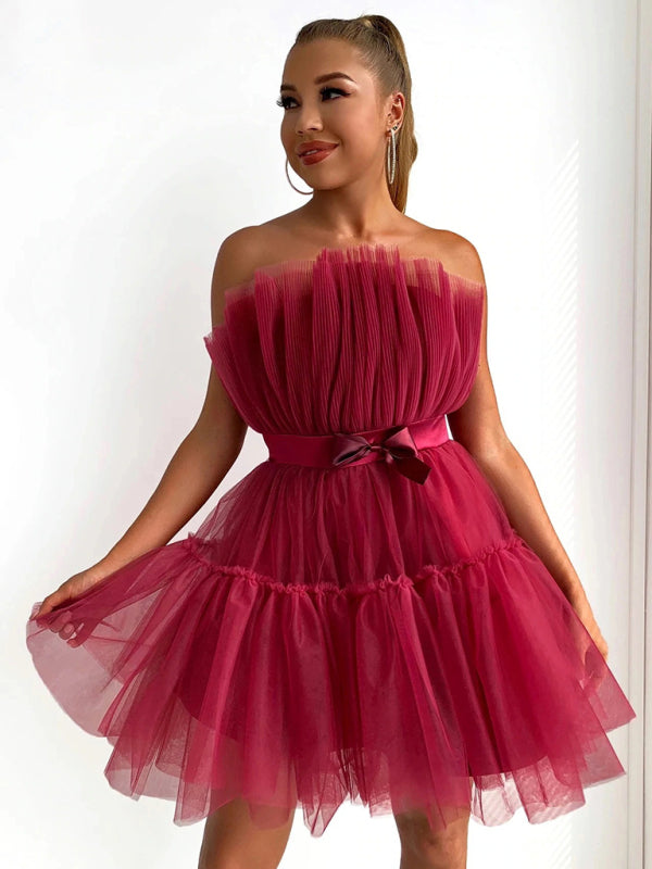 tube top style mesh temperament bow tutu skirt dress