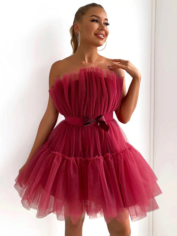 tube top style mesh temperament bow tutu skirt dress