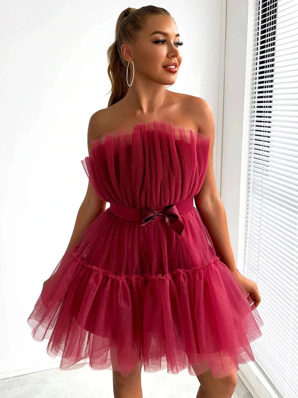 tube top style mesh temperament bow tutu skirt dress