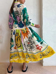Ladies Print Positioning Cardigan Swing Long Sleeve Dress