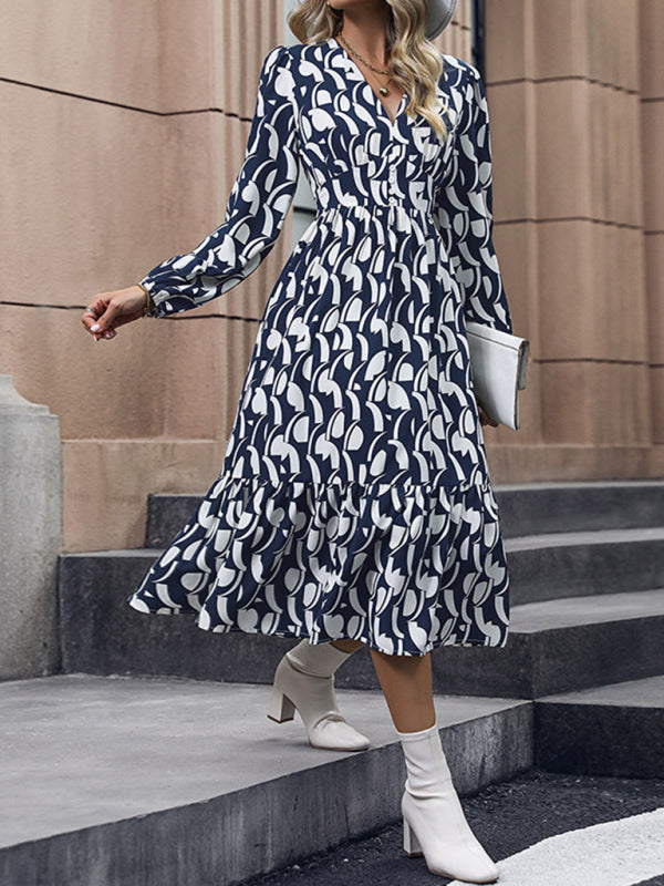 Elegant Long Sleeve Printed Waist Dress