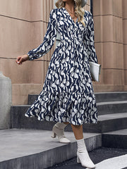 Elegant Long Sleeve Printed Waist Dress