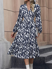 Elegant Long Sleeve Printed Waist Dress