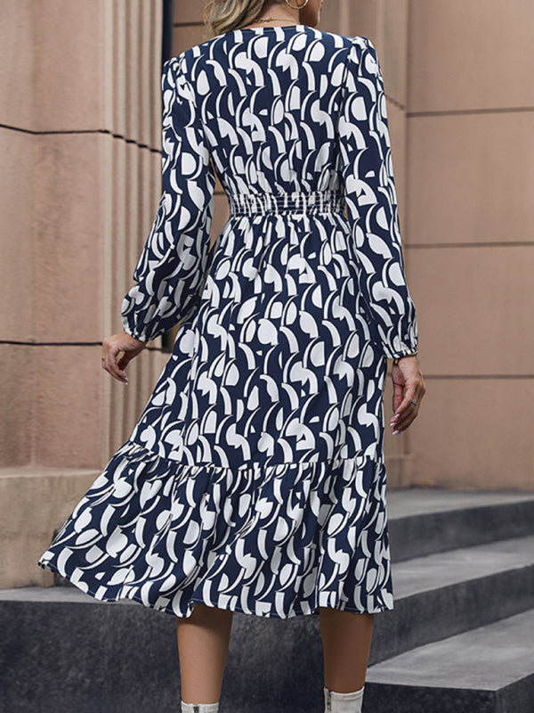 Elegant Long Sleeve Printed Waist Dress