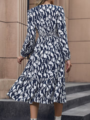 Elegant Long Sleeve Printed Waist Dress