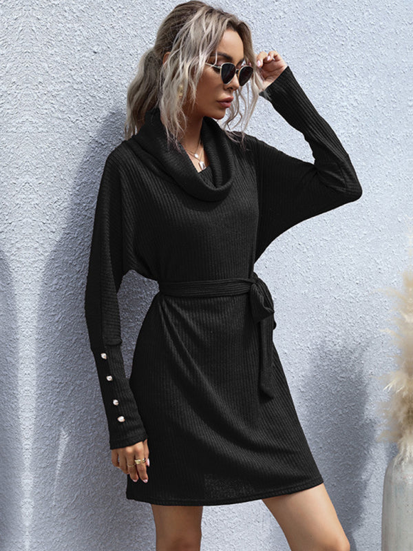 pile collar solid color bottoming knitted sweater dress with long sleeves