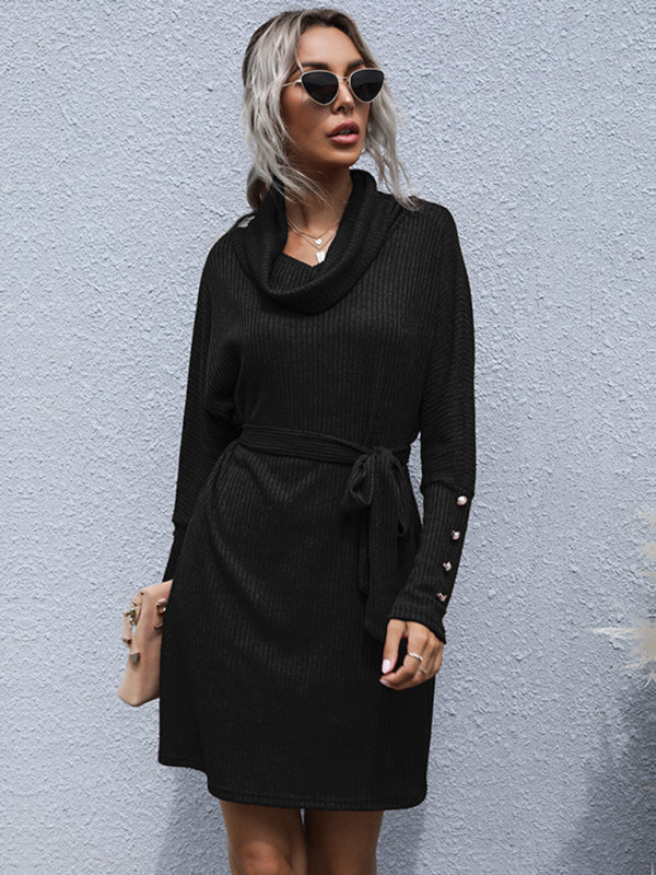 pile collar solid color bottoming knitted sweater dress with long sleeves