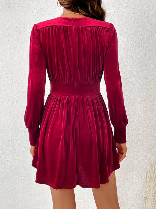 sexy v-neck long-sleeved velvet party dress with waist and large skirt