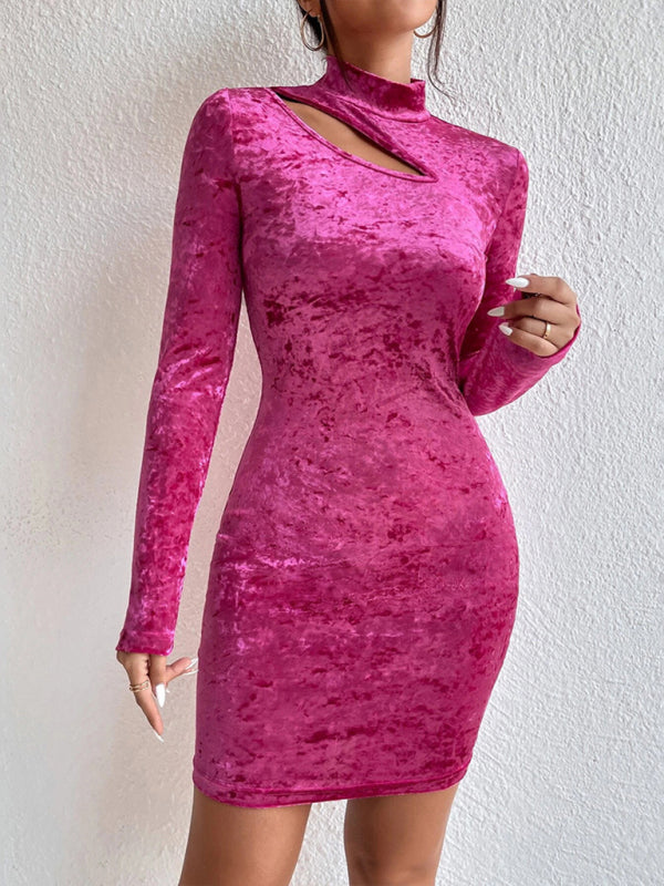 style half-high collar hollow out slimming hip-hugging long-sleeved velvet sexy dress