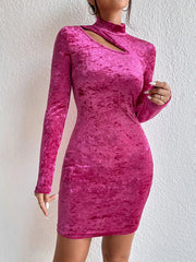 style half-high collar hollow out slimming hip-hugging long-sleeved velvet sexy dress