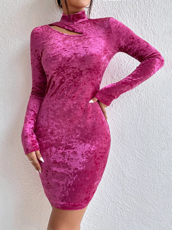 style half-high collar hollow out slimming hip-hugging long-sleeved velvet sexy dress