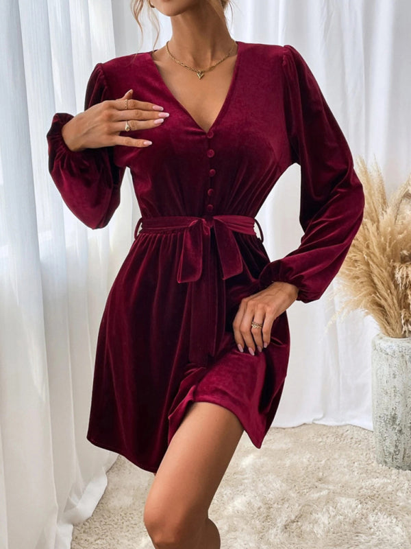 V-neck waist A-line skirt long-sleeved velvet sexy banquet dress