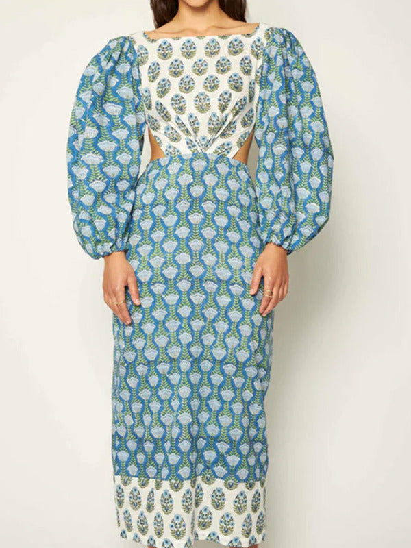 Floral contrast lantern sleeve backless dress