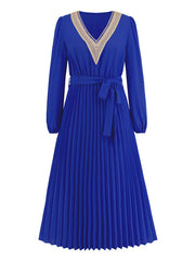 V-neck lace pleated dress mid-length A-line skirt