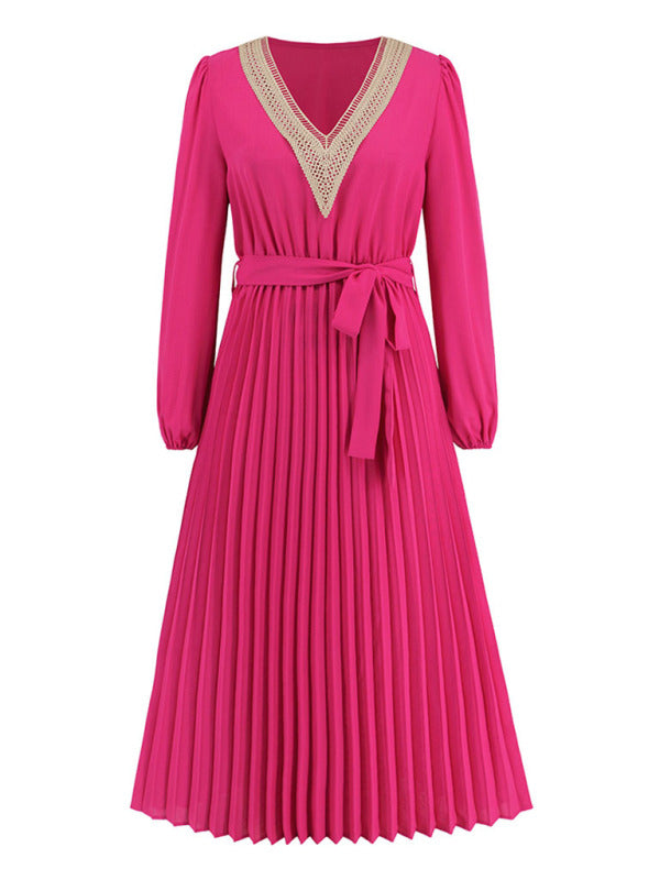 V-neck lace pleated dress mid-length A-line skirt