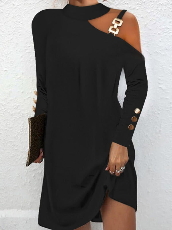 Simple metal buckle halter button dress
