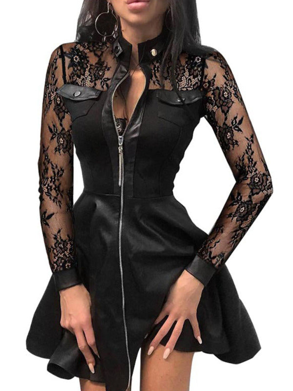 Long sleeve V-neck zipper pu pocket dress