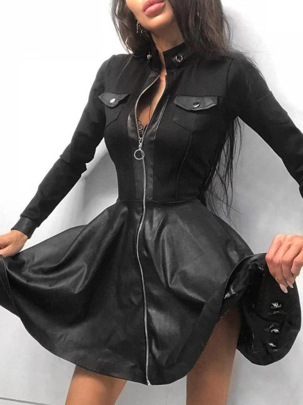 Long sleeve V-neck zipper pu pocket dress