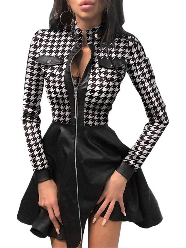 Long sleeve V-neck zipper pu pocket dress