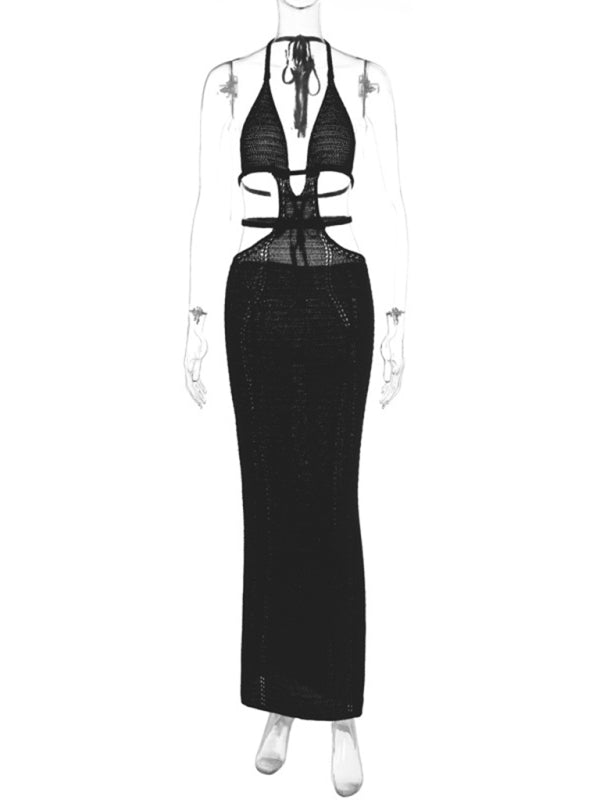 Sexy Street Style Pure Desire Halter Neck Wrapped Chest Hollow Splicing Lace Up Dress