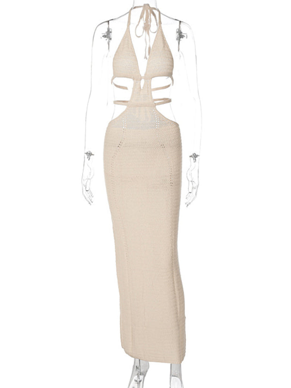 Sexy Street Style Pure Desire Halter Neck Wrapped Chest Hollow Splicing Lace Up Dress