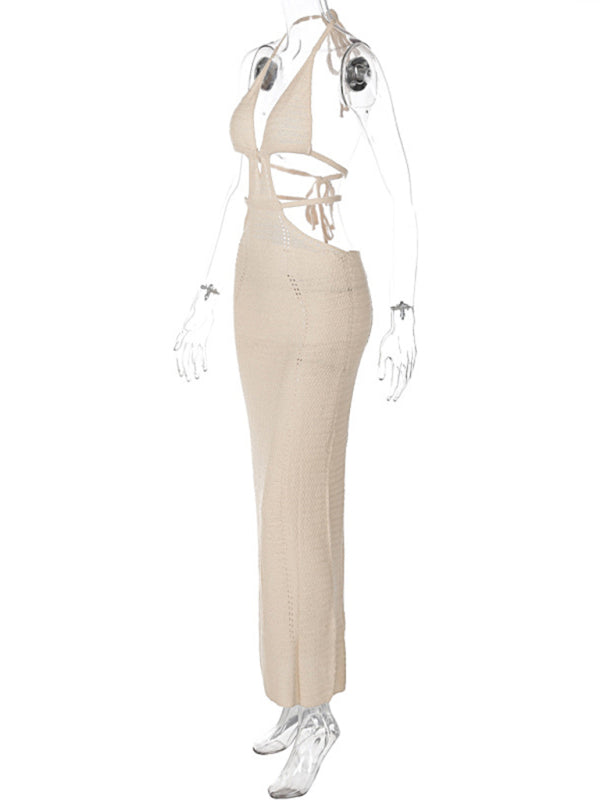 Sexy Street Style Pure Desire Halter Neck Wrapped Chest Hollow Splicing Lace Up Dress
