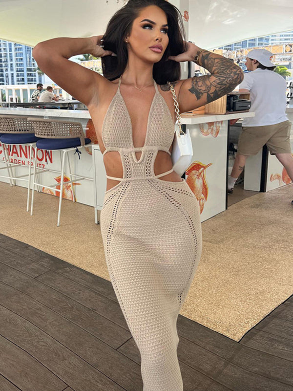 Sexy Street Style Pure Desire Halter Neck Wrapped Chest Hollow Splicing Lace Up Dress