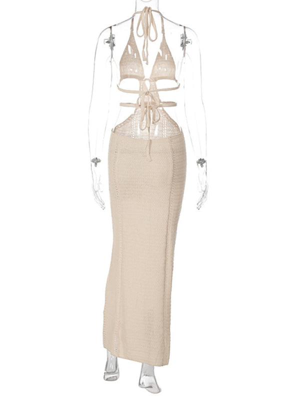 Sexy Street Style Pure Desire Halter Neck Wrapped Chest Hollow Splicing Lace Up Dress