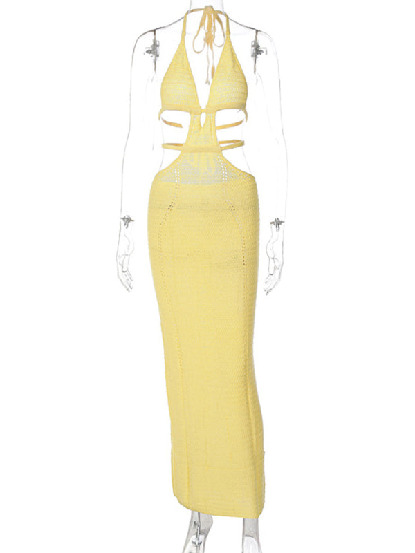 Sexy Street Style Pure Desire Halter Neck Wrapped Chest Hollow Splicing Lace Up Dress