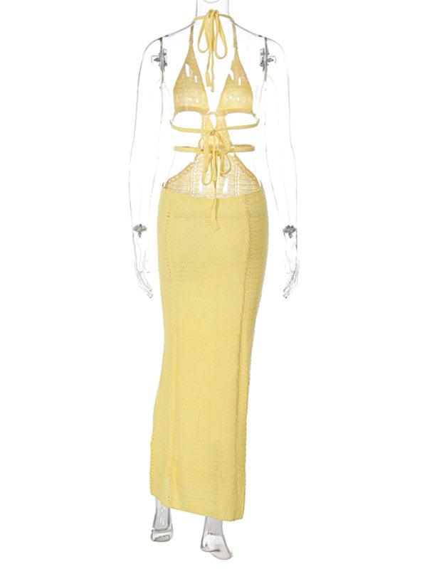 Sexy Street Style Pure Desire Halter Neck Wrapped Chest Hollow Splicing Lace Up Dress