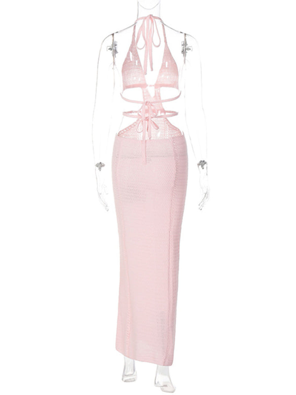 Sexy Street Style Pure Desire Halter Neck Wrapped Chest Hollow Splicing Lace Up Dress