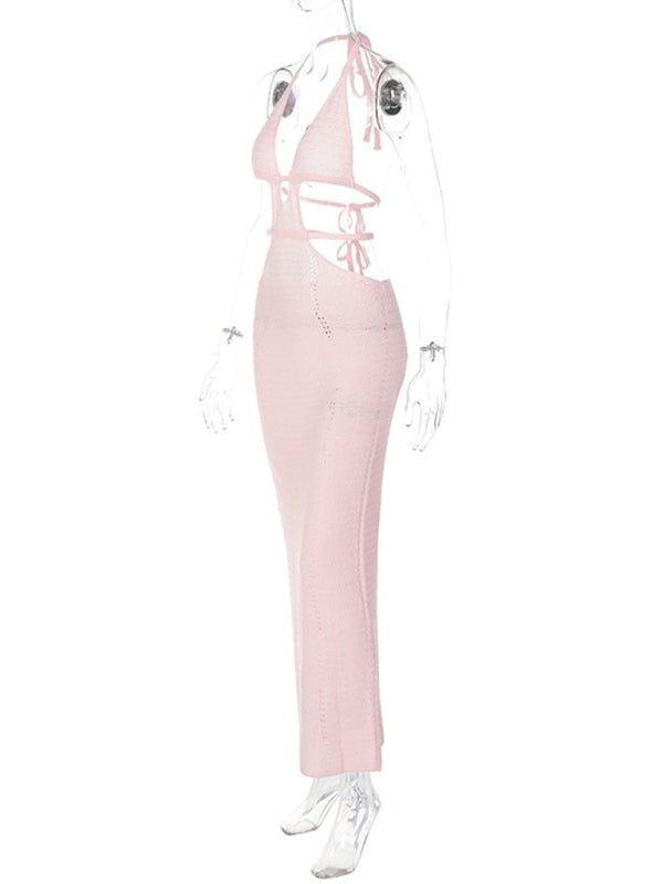 Sexy Street Style Pure Desire Halter Neck Wrapped Chest Hollow Splicing Lace Up Dress