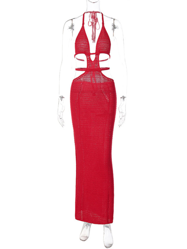 Sexy Street Style Pure Desire Halter Neck Wrapped Chest Hollow Splicing Lace Up Dress