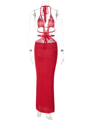 Sexy Street Style Pure Desire Halter Neck Wrapped Chest Hollow Splicing Lace Up Dress