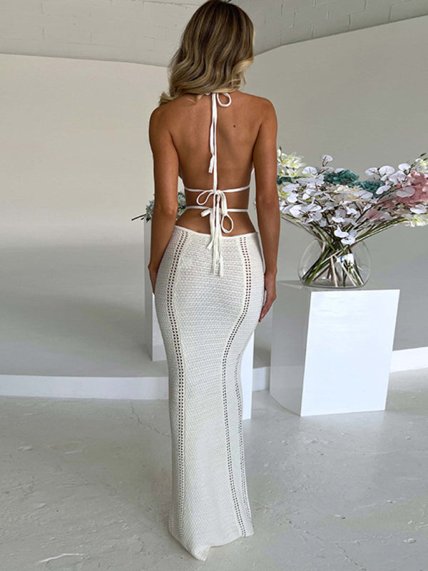 Sexy Street Style Pure Desire Halter Neck Wrapped Chest Hollow Splicing Lace Up Dress